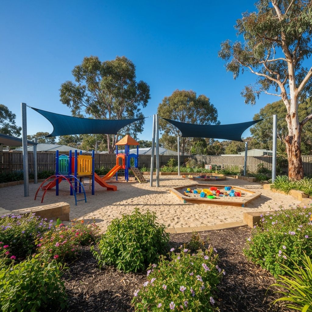 Children's outdoor play space at Culburra & Districts Preschool with climbing frames and sandpit